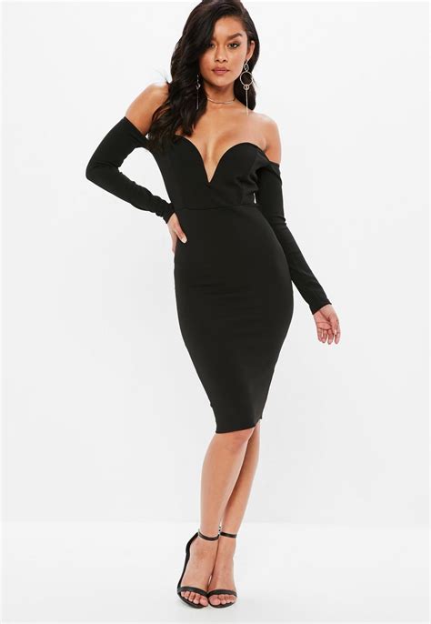 Missguided Black V Bar Bardot Midi Dress