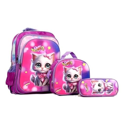 Kit Escolar Infantil Bolsa Lancheira Estojo Estampas 3D Menina E Menino