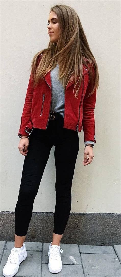 Cool Outfit Red Biker Jacket Top Black Skinnies Sneakers