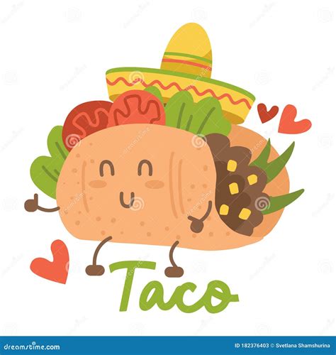 Smiling Kawaii Eyed Taco Dancing Mexican Sombrero Hat Cartoon Vector