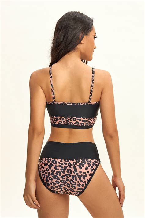 Leopard Print Scoop Neck Adjustable Strap High Waist Bikini Set Seepalm