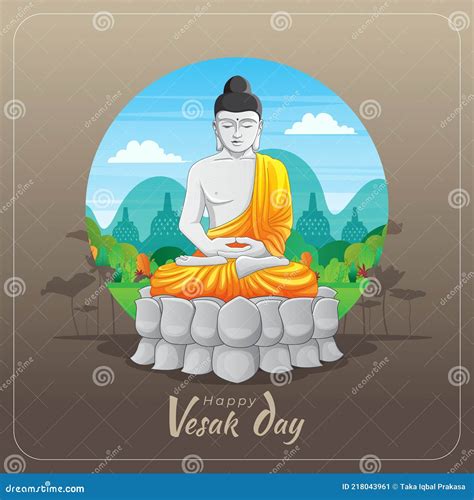 Vesak Greeting Card With Meditating Buddha Statue Stock Vector