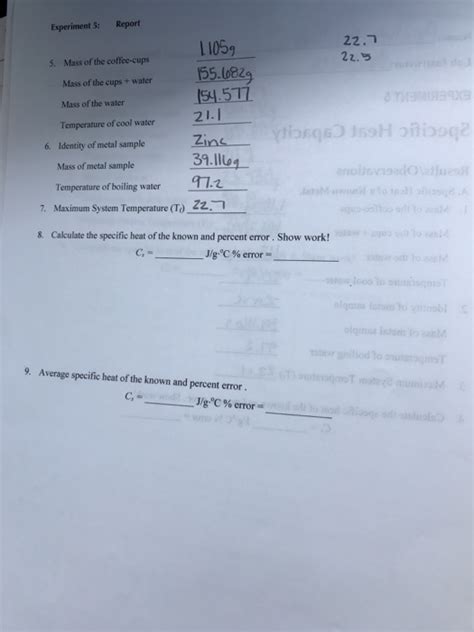 Solved Lab Instructor EXPERIMENT 5 Specific Heat Capacity | Chegg.com