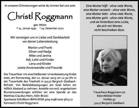 Traueranzeigen Von Christl Roggmann WirTrauern