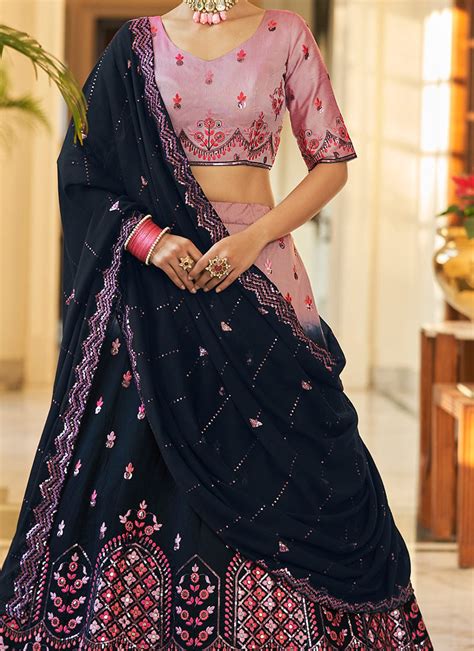 Shop Pink N Navy Blue Banarasi Silk Thread Embriodery Umbrella Lehenga