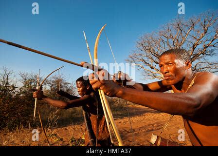 Ju Hoansi Or San Bushmen Hunter Simulates A Hunt With Bow And Arrow At