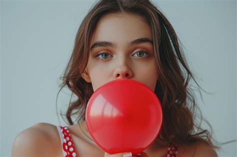 Premium Photo Beautiful Brunette Girl Blowing Red Balloon In Cherry Dress Portrait