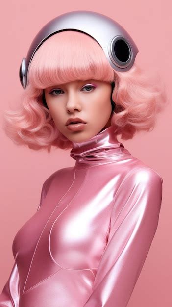 Premium AI Image A Woman With Pink Hair Wearing A Silver Helmet