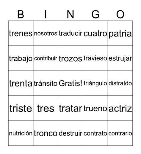 Sílabas tra tre tri tro tru Bingo Card