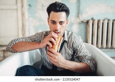 Businessman Eats Burger Bathtub Suicide Man Stock Photo