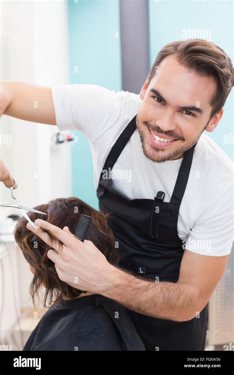 Pretty Brunette Getting Her Hair Cut Stock Photo Alamy