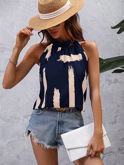 SHEIN VCAY Blouse Imprimé Coup De Pinceau Trou De Serrure Retour Ras Du