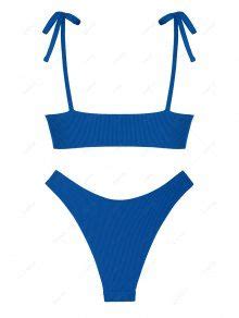 Zaful Tie Shoulders Ribbed Bikini In Deep Blue Zaful
