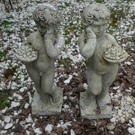 Lot 123 Classic Nude Boy Girl Garden Statues Holding Bowls Of Fruit Cement NorCal