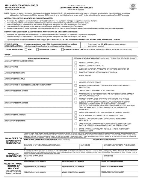 CT DMV Form E224. Application for withholding resident address
