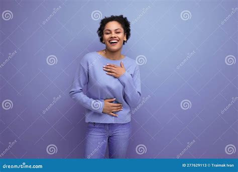 Portrait Latina Brunette Woman With Wavy Hair In Blue Stylish Casual Clothes Stock Image Image