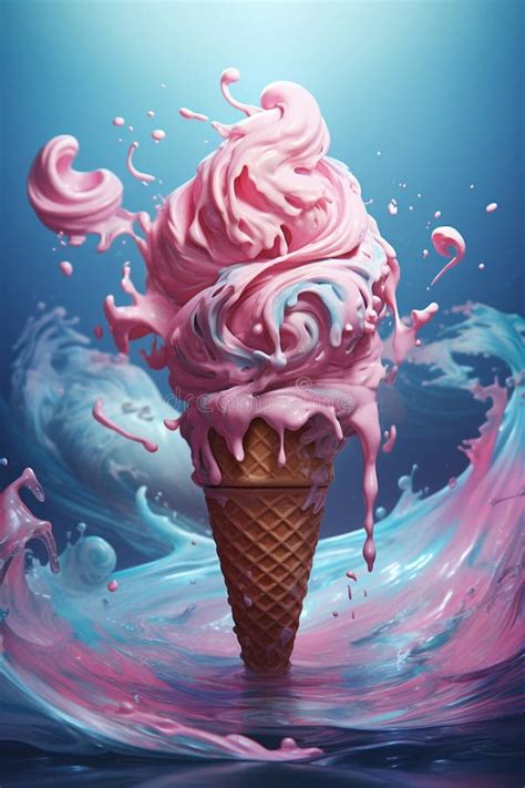 Helado En Un Cono De Gofre Con Salpicaduras Y Gotas De Pintura Rosa