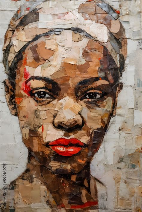 Abstract Painting Concept Colorful Art Style Portrait Of African Woman In Torn Paper Collage