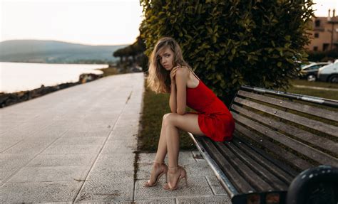 Wallpaper Bench Red Dress Brunette Blue Eyes High Heels Sitting