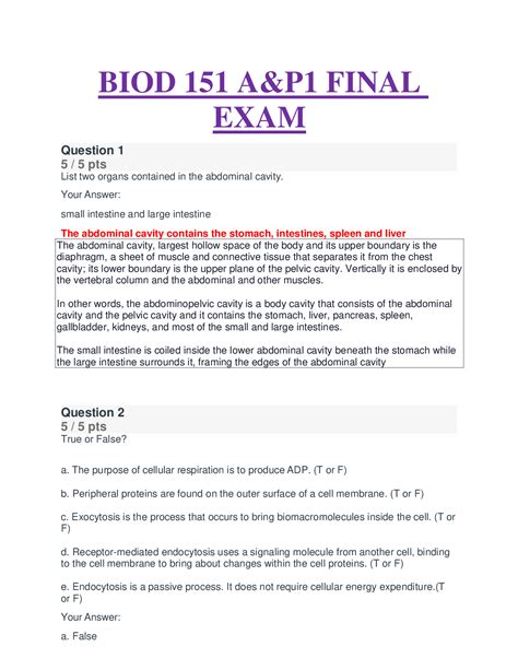 PORTAGE LEARNING BIOD 151 A P1 FINAL EXAM QUESTIONS AND ANSWERS NEW