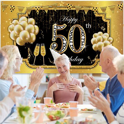 Happy 50th Birthday Backdrop Banner Extra Large Fabric Black Gold 50 Anniversary Sign Poster