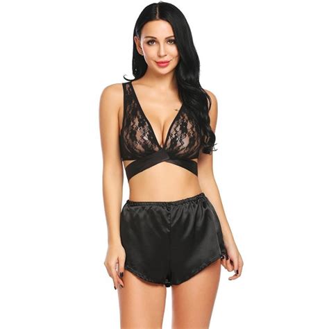 Womens Satin Lace Patchwork Sexy Front Lace Up Bra Shorts 2 Piece Lingerie Pajamas Set Black