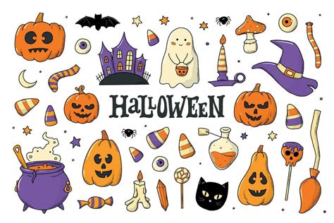 Set Of Halloween Doodles Cartoon Elements Clip Art Isolated On White