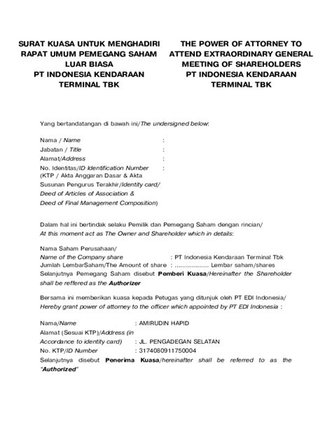 Fillable Online Format Surat Kuasa Pemegang Saham Rups Lb Fax Email