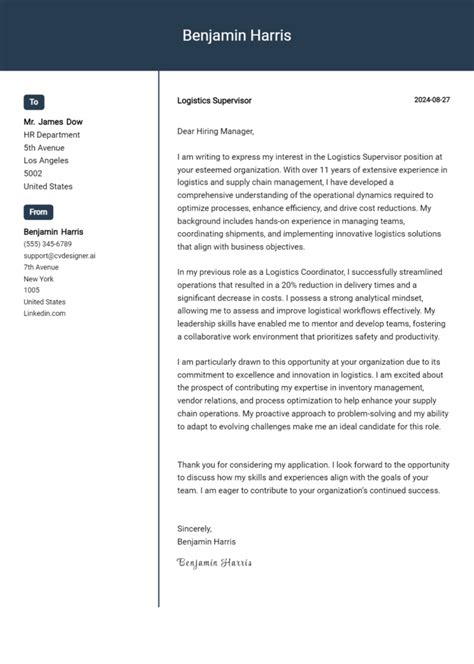 Logistics Supervisor Cover Letter Example For 2024 Top Cv Skills