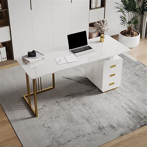 55" Modern White Office Desk with Side Cabinet & Drawer in Gold Base ...