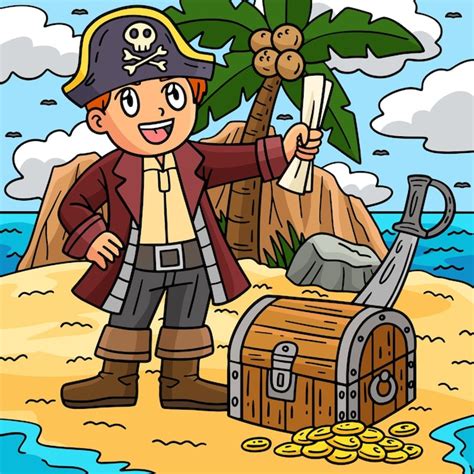 Pirate Et Coffre Au Trésor Dessin Animé En Couleur Vecteur Premium