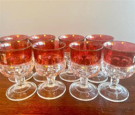 Set Of 8 Vintage Tiffin Kings Crown Thumbprint Ruby Red Flashed Cordial Sherry Liqueur Glasses