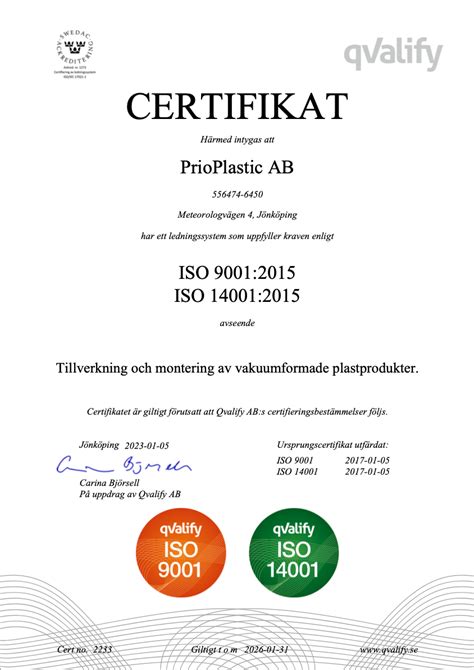 Certifikat Prioplastic Ab