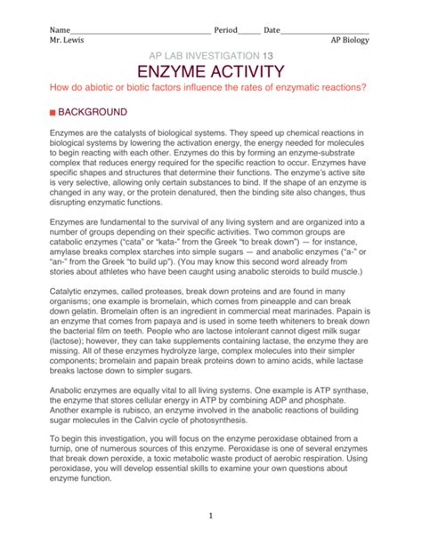 Ap Lab Investigation Enzyme Activity