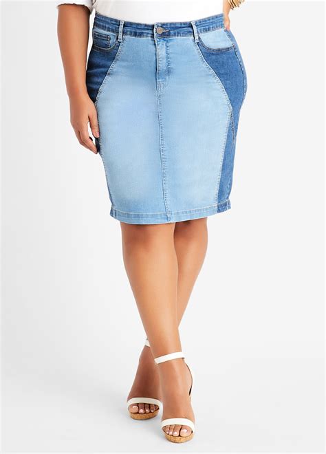 Plus Size Colorblock High Waist Sexy Stretch Denim Pencil Skirt