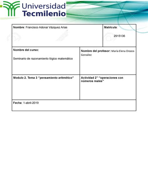 Actividad Razonamiento Logico Matematico Nombre Francisco Adonai