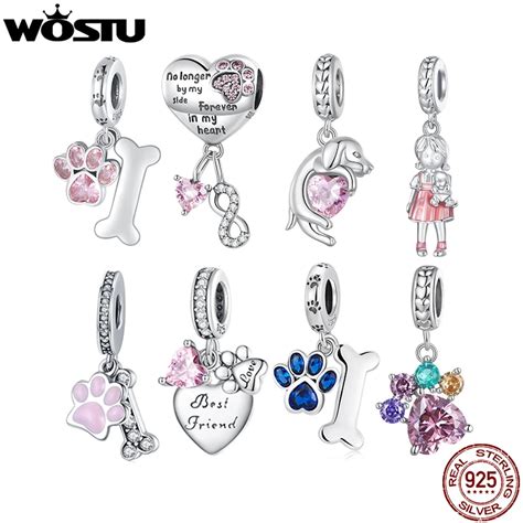 Wostu Sterling Silver Pink Crytal Heart Charms Cute Pet Paw Bead