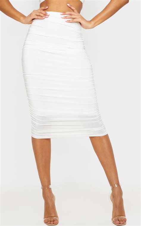 White Slinky Second Skin Ruched Midi Skirt Prettylittlething