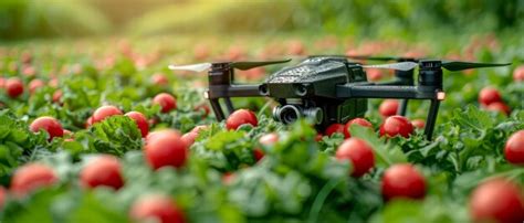 Drone Flying Over Field Of Red Tomatoes Concept Of Technological