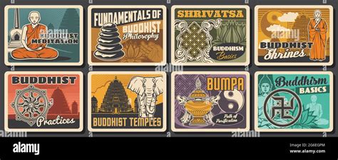 Buddhism Religion And Buddhist Meditation Retro Cards With Vector