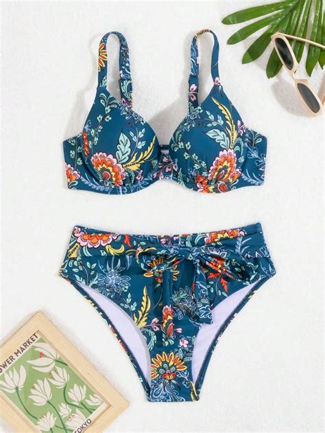 SHEIN Swim Vcay Conjunto de bikini para mujer con impresión de plantas tropicales puro y simple