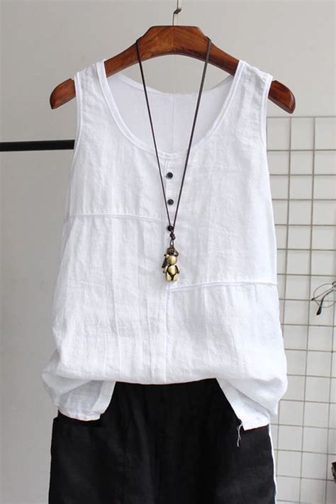 White Cotton Sleeveless Shirts And Tops Womens Linen Clothing Linen