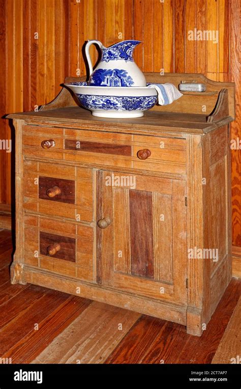 Antique Wood Cabinet Wash Stand Ceramic Lavabo Blue White Bowl