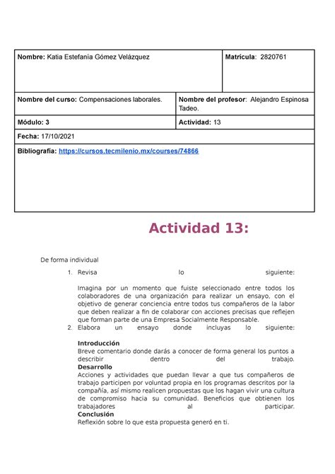 Actividad Compensaciones Laborales Compensaciones Y Prestaciones