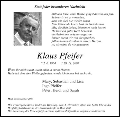 Traueranzeigen Von Klaus Pfeifer Trauer In NRW De