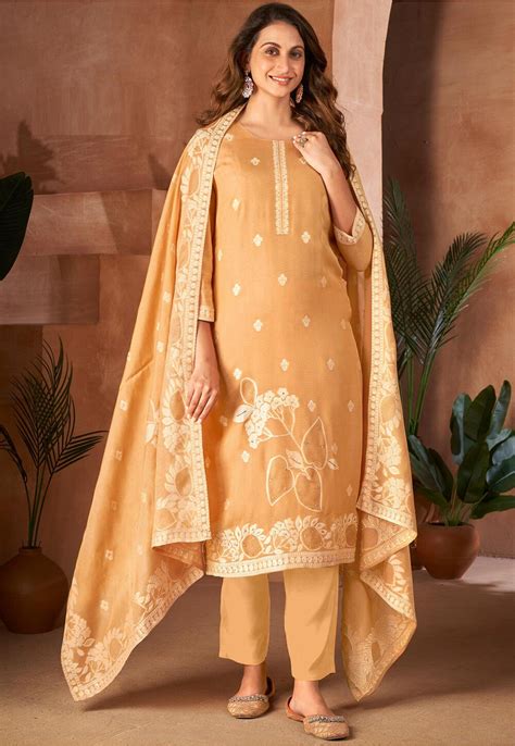 Buy Embroidered Muslin Silk Pakistani Suit In Beige Online KHF149