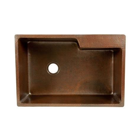 Premier Copper Products 33 Inch Hammered Copper Kitchen Single Basin Sink With Built In Ledge