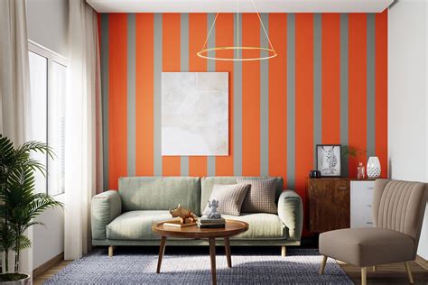 Orange And Grey Striped Living Room Wall Paint Design Livspace