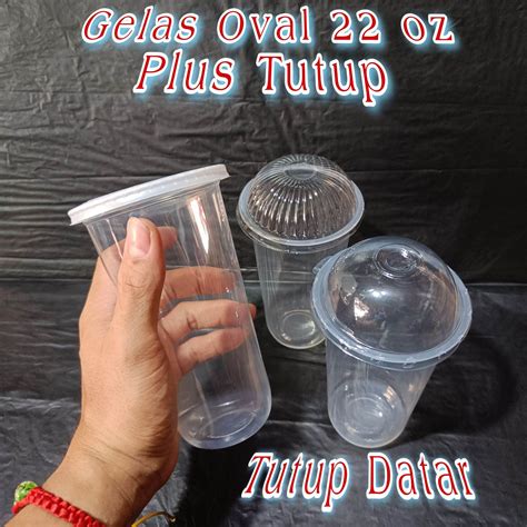 Gelas Plastik Oval Tebal Size 22 Oz Plus Tutup Cembung Isi 50 Cup