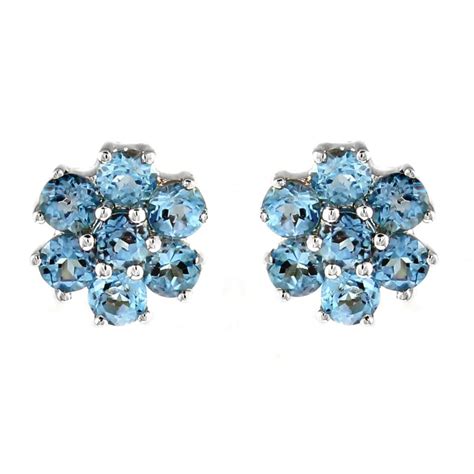 9ct White Gold 7x7mm Swiss Blue Topaz Cluster Stud Earrings Jewellery